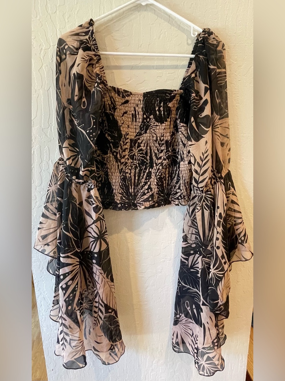 Live 4 Truth Black & Beige Smocked Off-Shoulder Bell Sleeve Crop Top